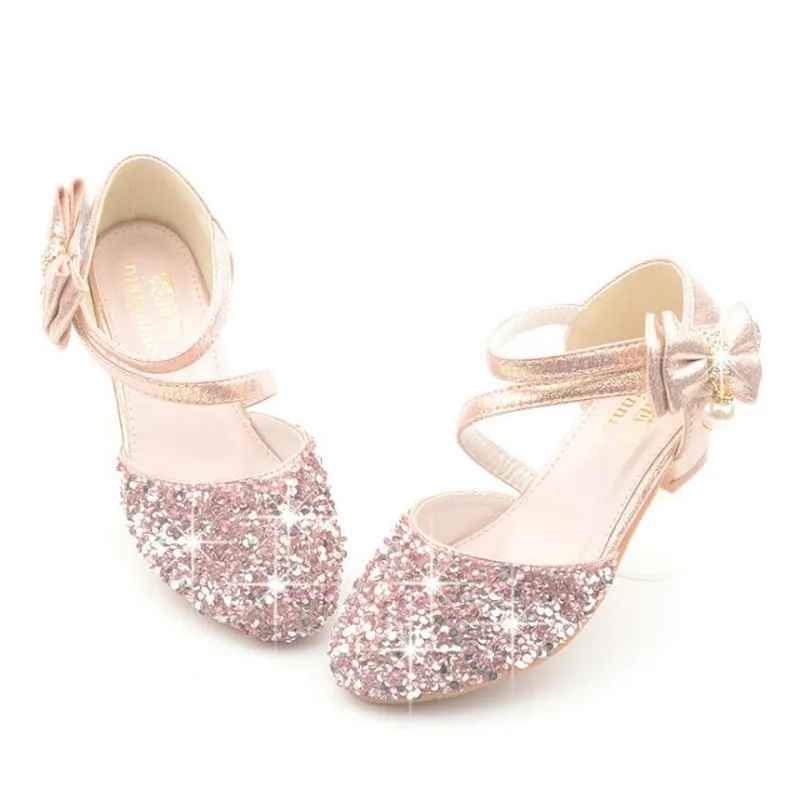 Children Girls Sandals High Heels Glitter Bowtie Party Shoes