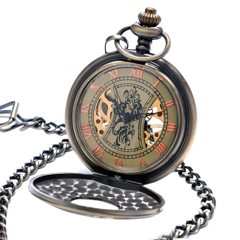 Bronze Roman Numerals Case Steampunk Pocket Watch Skeleton Mechanical Handwinding Watches with Fob Pendant Chain Gift To Men