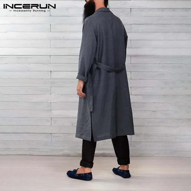 INCERUN, Ретро стиль, сплошной цвет, мужские халаты, хлопок, длинная ночная рубашка, Повседневная Домашняя одежда,, лацканы, длинный рукав, пижама, кимоно, мужской Халат