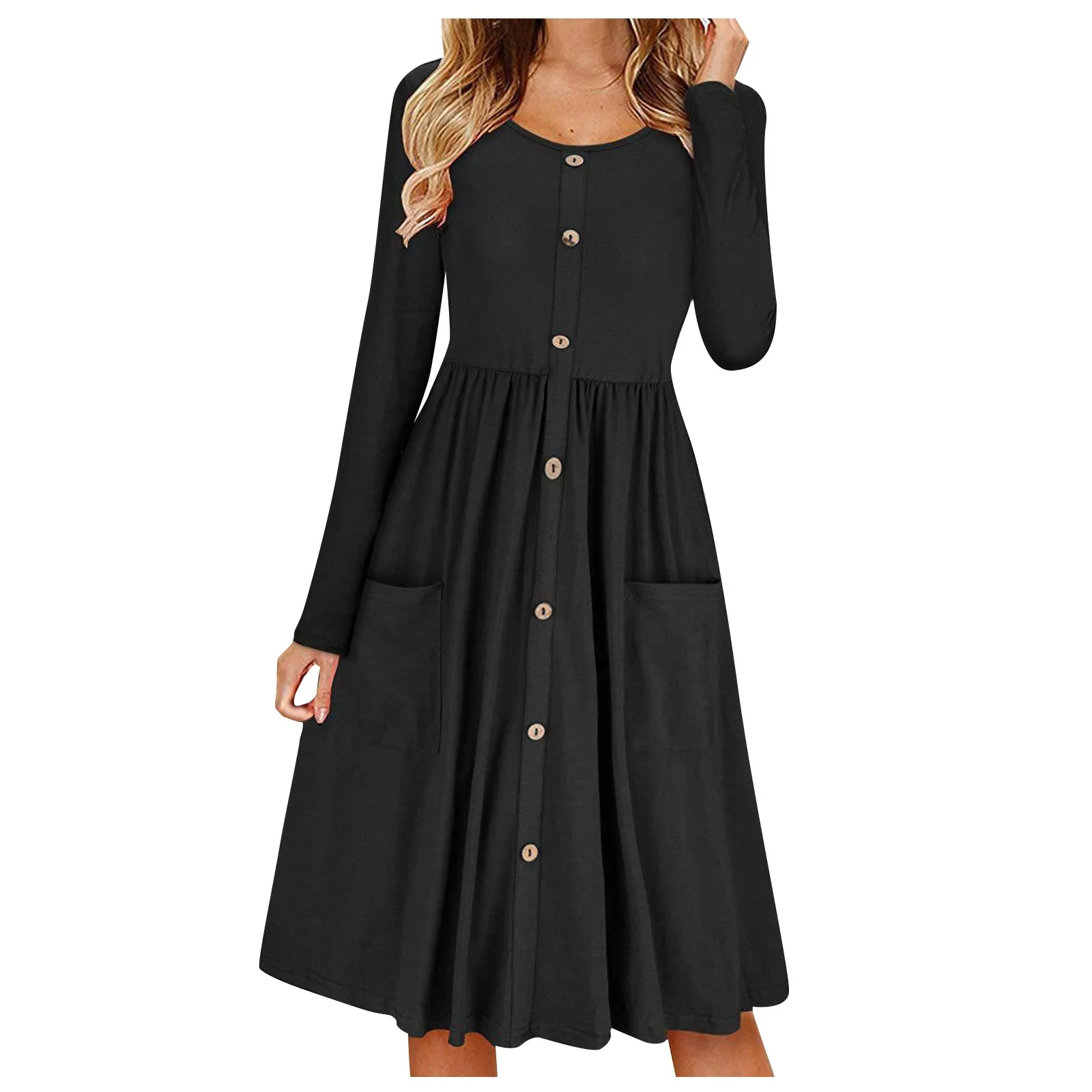 Spring And Summer Dress Women's New Long Sleeve Pocket Button Solid Color Round-Neck Design Knee Length Dress Mujer Vestido 2
