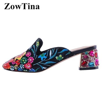 

Vintage Square Toe Women Printing Pumps 5cm Crystal Chunky High Heels Stilettos Fashion Mules Shoes Woman Tenis Summer Sandals