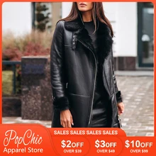 Thick Faux Fur PU Leather Jacket 2021 Winter Women Coat Female  Vintage Long Loose Zipper Aviator Overcoat Warm Plush Lining