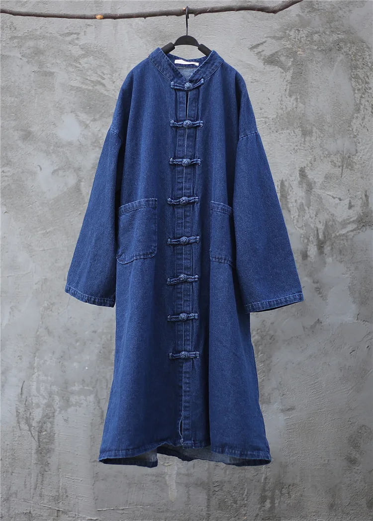 Маленький теплый литературы и искусства Китайский Пан кнопку платье Zen Длинные свободные джинсы Windwear пальто - Цвет: Deep blue jeans