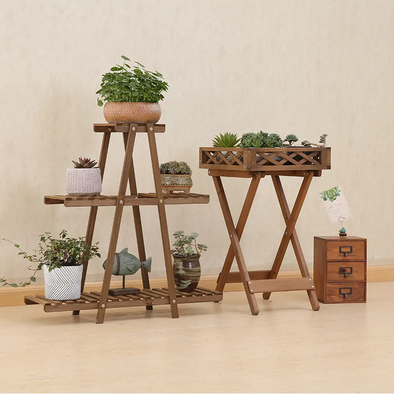 Solid Wood Balcony Indoor and Outdoor Green Sorrel Succulent Flower Shelf Living Room Floor Anti-corrosion Wood Pot Rack