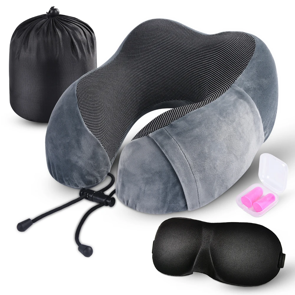 1pc U-Shape Memory Foam Neck Pillow Massage Travel Airplane Kit with 3D Eye Masks Earplugs Luxury Bag | Дом и сад
