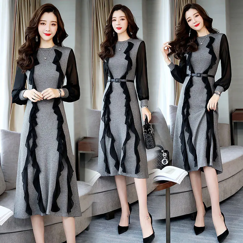 

2019 Spring Sweater with Chiffon Sleeves Lace-up Dress