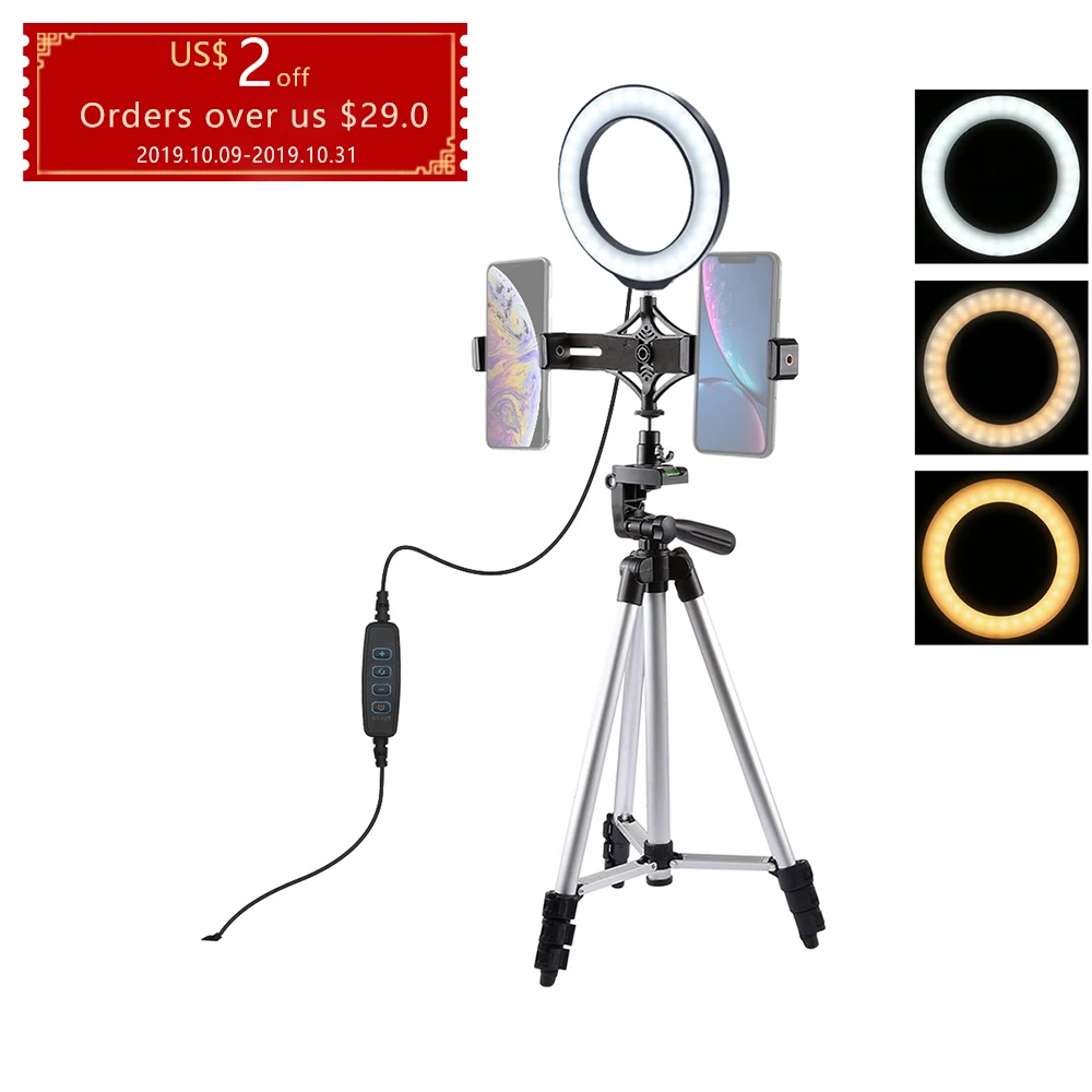 

Professional Aluminium Tripod + Live Broadcast Dual Phone Clip Holder Bracket + 6.2 inch LED Ring Vlogging Video Light Kits