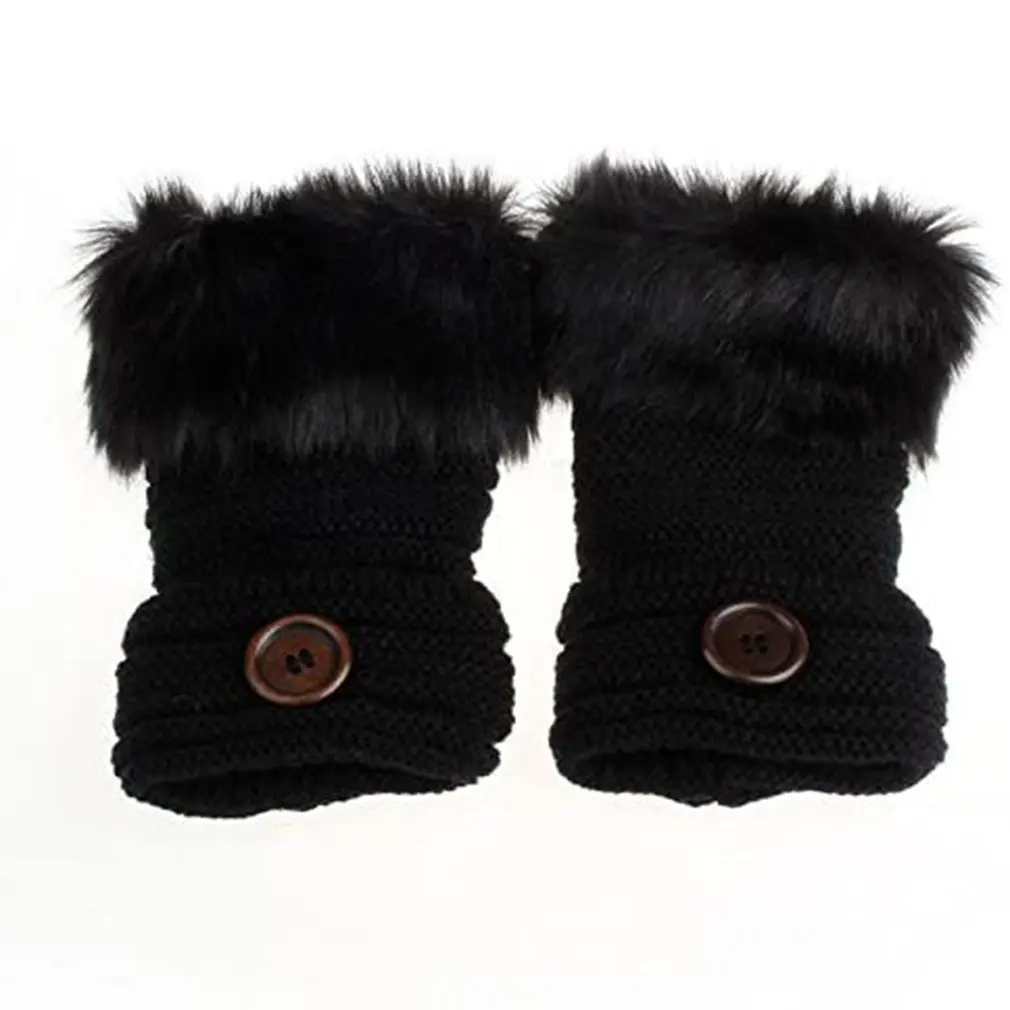 

Knitted Woolen Gloves Warmth Imitation Rabbit Fur Gloves Threaded Button Half Fingerless Warm Gloves For Women