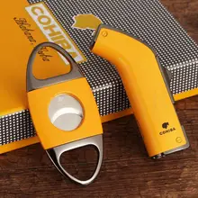 COHIBA зажигалка для сигар ветрозащитная газовая 2 факела зажигалки металлическая коробка для сигар резак Карманный Табак резка аксессуары для сигар набор