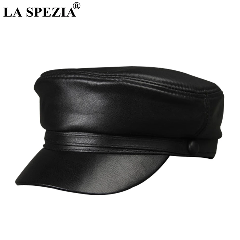LA SPEZIA, черная армейская шапка, женская, натуральная кожа, повседневная, военные шапки, мужские, Ретро стиль, натуральная кожа, роскошный бренд, классические, с плоским верхом, шапки - Цвет: black