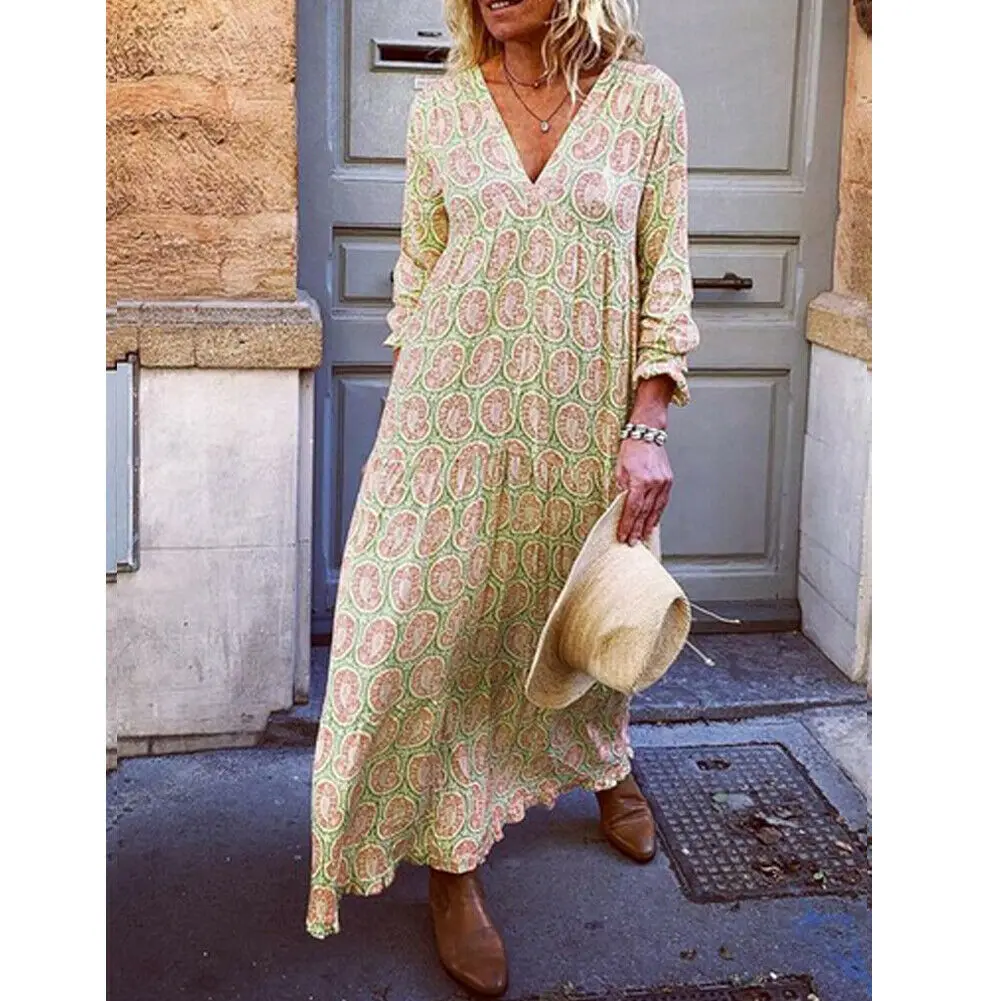 Fashion Women Boho Deep V Neck Floral Long Maxi Dress Tunic Beach Kaftan Holiday Club Casual Loose Dresses Sundress