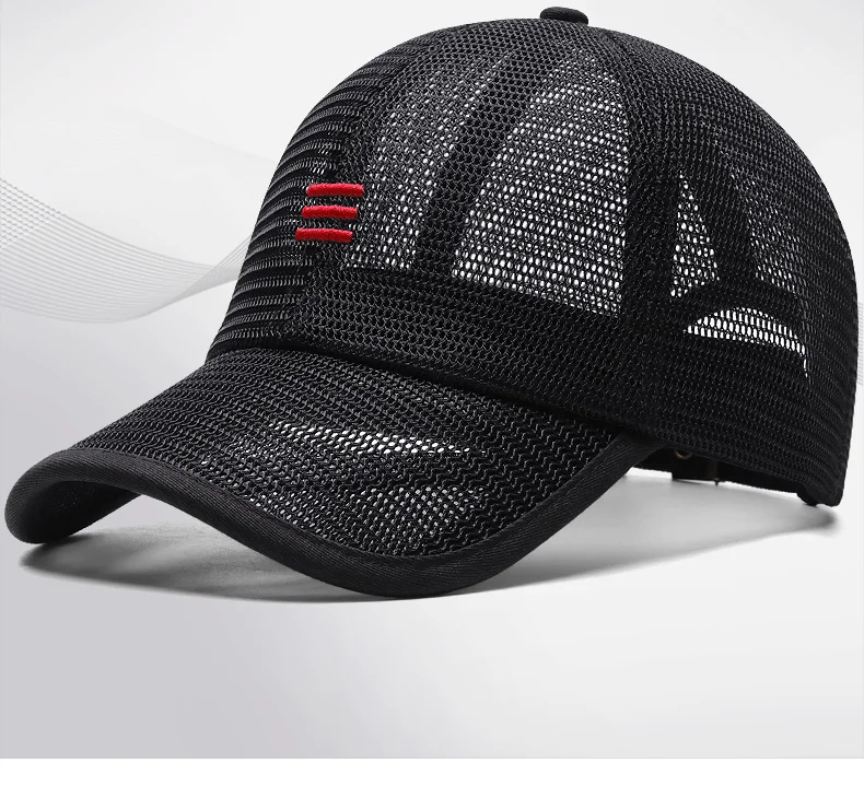 Close-up and lifestyle views of full mesh baseball cap for men and women, featuring breathable fabric and adjustable fit.