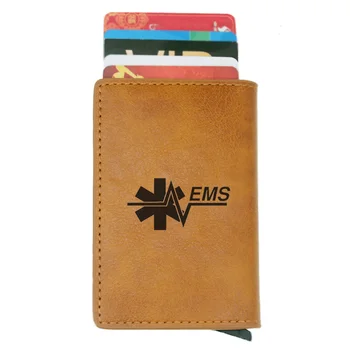 

New EMS Emergency Medical Technician Credit Card Holder Men And Women Metal RFID Vintage Aluminium Box PU Leather Card Wallet