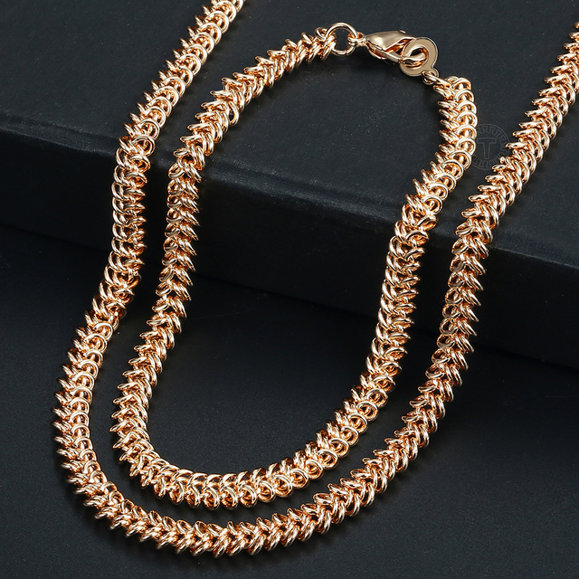 Women's Jewelry Sets 585 Rose Gold Bracelet Necklace Set Double Curb Cuban Weaving Bismark Chain 2021 Wedding Gift KCS04