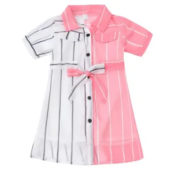 

fashion kids girls summer short sleeve patchwork striped bow outwear blouses teenage children clothing 3-12Y