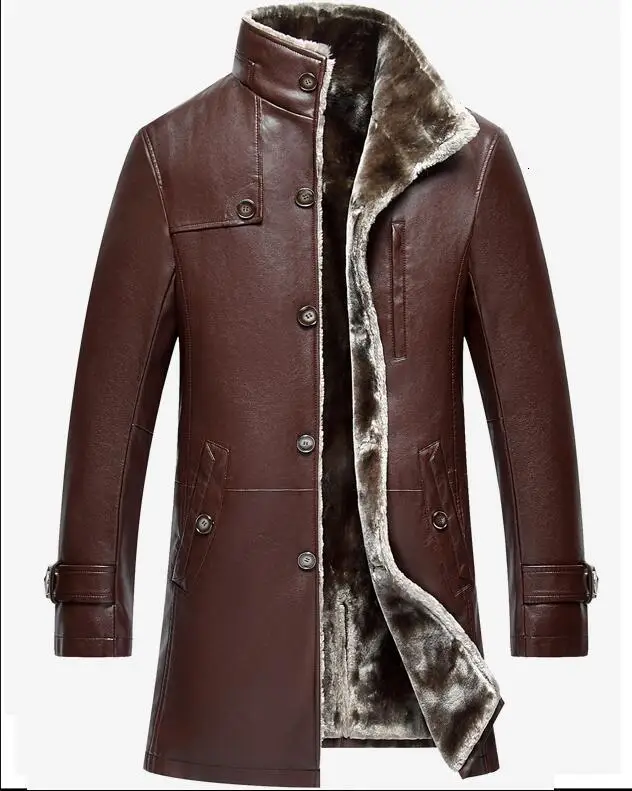 Зимнее утолщенное кожаное пальто для мужчин, длинное повседневное кожаное пальто с отложным воротником, теплая куртка, пальто
