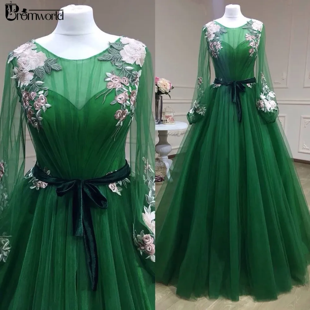 

Emerald Green Prom Dress Lace Tulle Puffy Long Sleeves Formal Party Gown Factory Outlet Evening Dresses 2019
