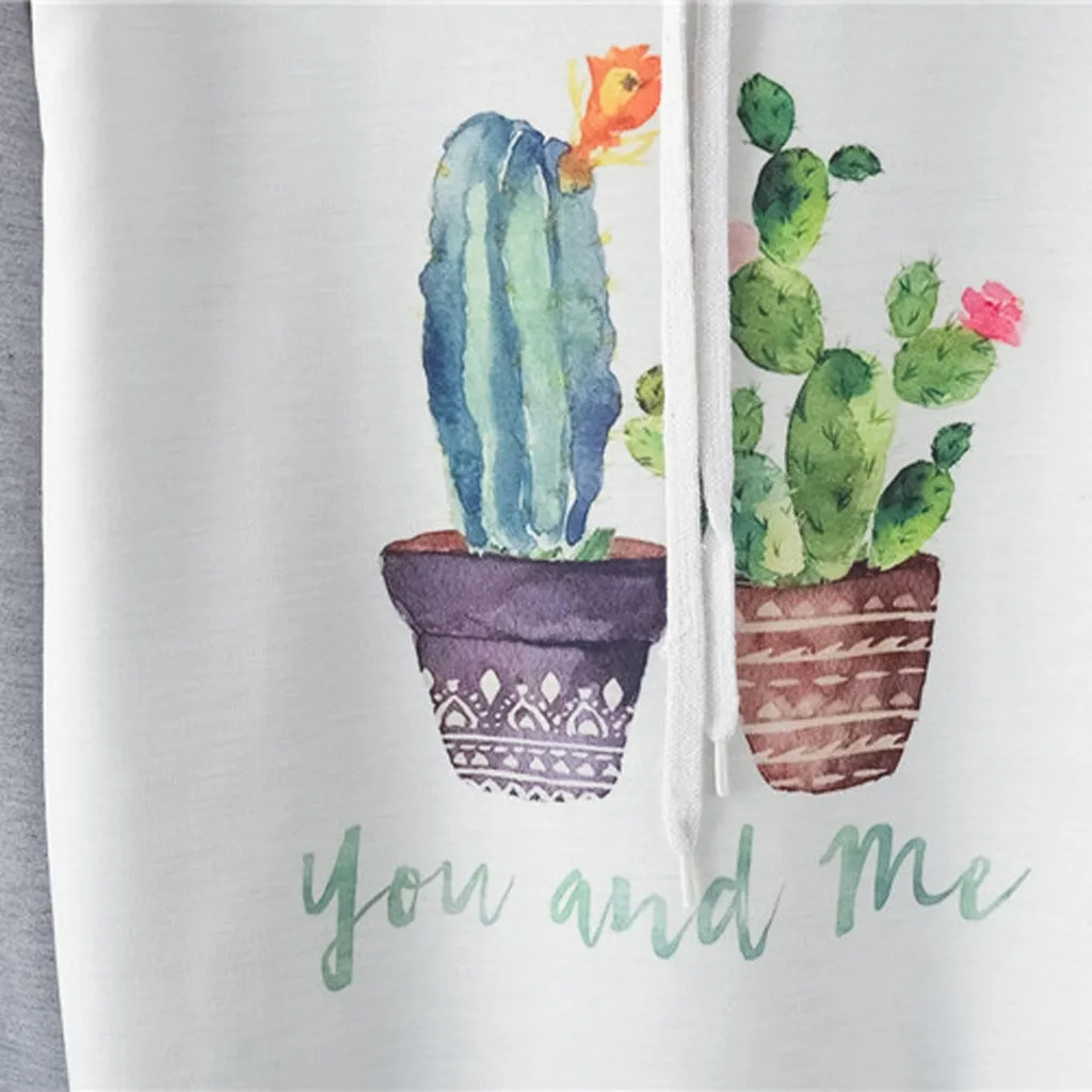 JAYCOSIN Fashion Women Casual Simple Sweatshirt Cactus Print Hooded Long Sleeve Comfortable Popular Cartoon Soft Short Blouse