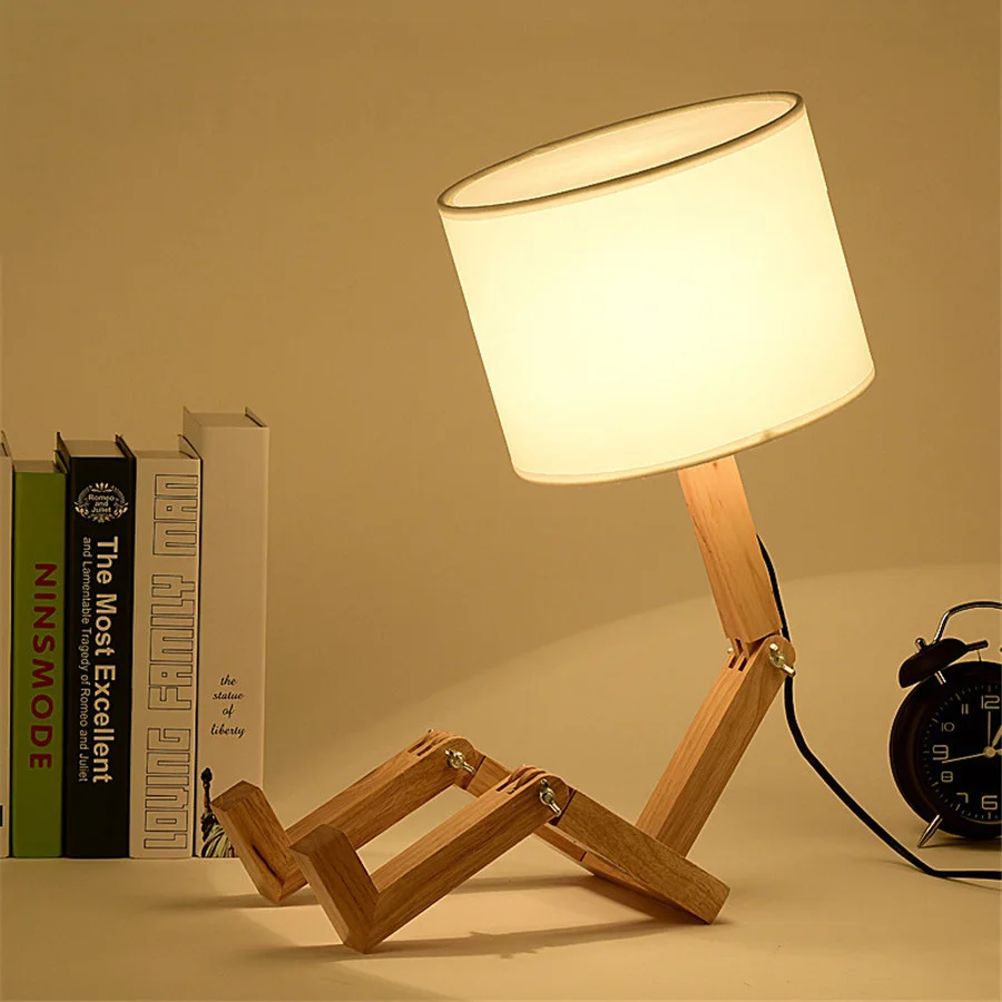 

Thrisdar E27 Nordic Deformable Robot Table Lamp With Cloth Lampshade Creative Bedroom Bedside Wooden Desk Table Reading Light