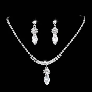 

FORSEVEN 1 Set White Crystal Dangling Earring Eardrop Pendant Necklace Women Girl Bridal Bride Noiva Wedding Party Jewelry