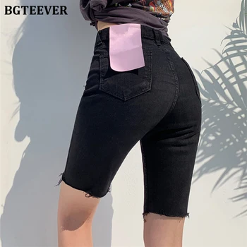 

BGTEEVER Casual Stretch High Waist Black Denim Shorts Women Pockets Slim Half-length Shorts Jeans for Women 2020 Summer