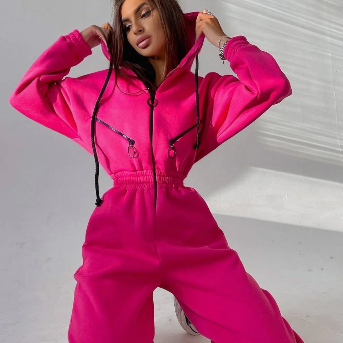 jogging suits women Casual Women Basic Hoodie Two Piece Sets Zipper Drawstring Jacket Outerwear And Elastic Pencil Pant Suit Fall Winter Tracksuit dressy pant suits to wear to a wedding