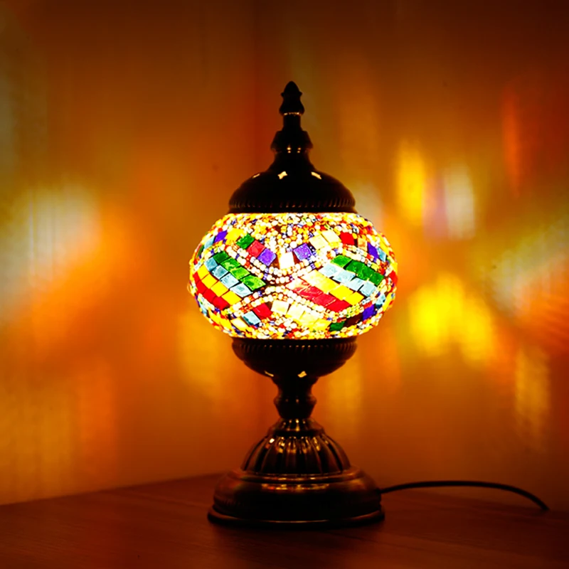 

XIUAN Turkish Mosaic Lamps Handmade Stained Colorful Glass Lampshade Vintage Bedroom Bedside Table Light LED Lamp US/EU Plug in