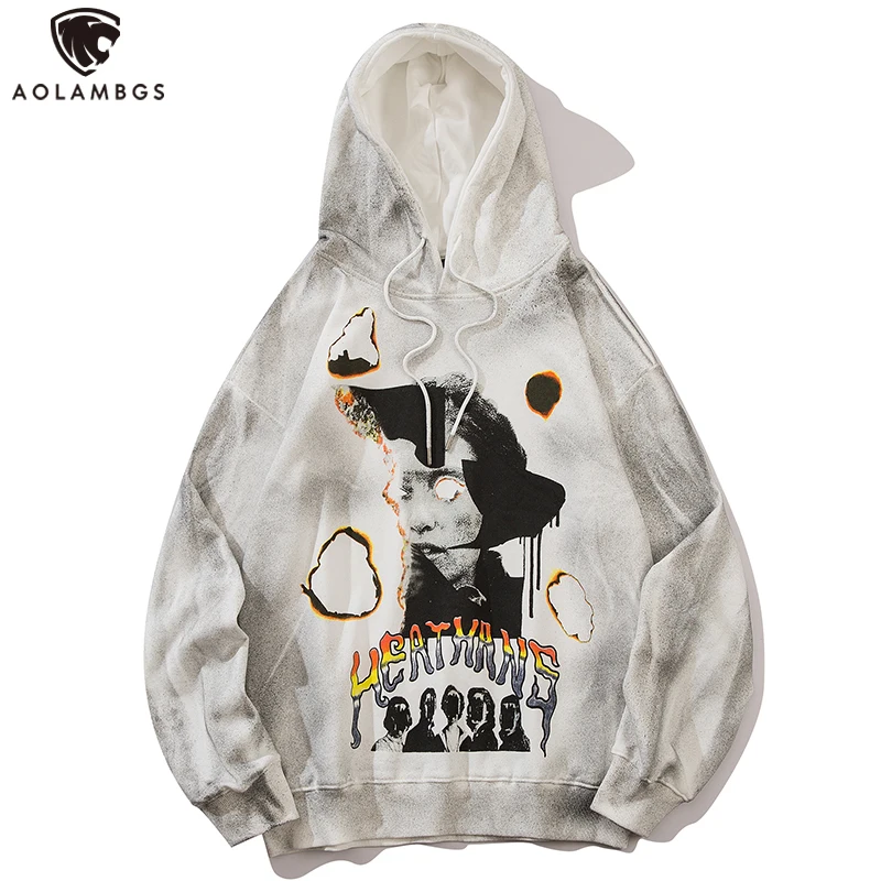 

Aolamegs Esthetics Portrait Distressed Inkjet Flame Hole Hoodie Sweatshirt Men Retro Punk High Street Autumn Pullover Streetwear