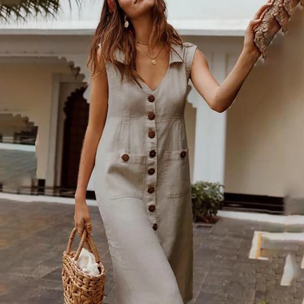MoneRffi летнее платье в стиле бохо с v-образным вырезом талии размера плюс повседневное одноцветное платье миди без рукавов с v-образным вырезом и карманами - Цвет: beige