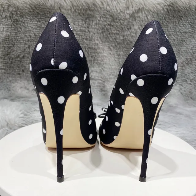 Veowalk Polka Dot Women Silk Satin Pointed Toe Stiletto High Heels Bow Knot Elegant Ladies Party Shoes 8cm 10cm 12cm Pumps Black 4