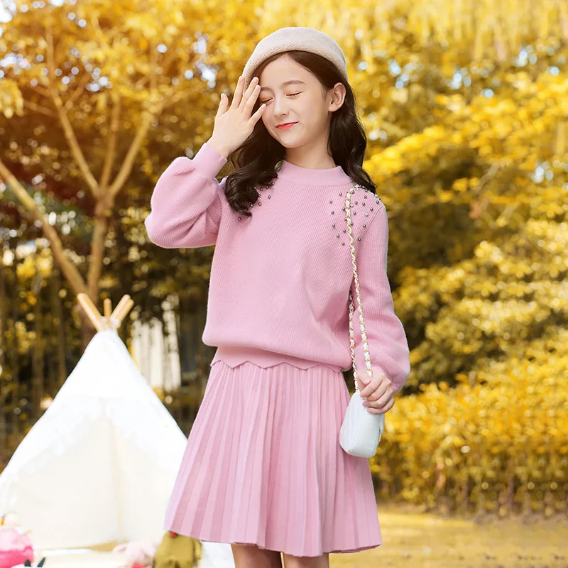 

Tee Girl Clothes New Female Girls Sweater Set Children's Knited Knit Suit Sweater Girls Warm Sweater Skirt Two-piece Sets
