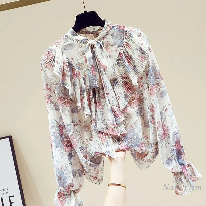 

2021 Spring and Autumn New Elegant Floral Shirt Women's Ruffled Long Flare Sleeve Chiffon Blouse Office Lady's Tops
