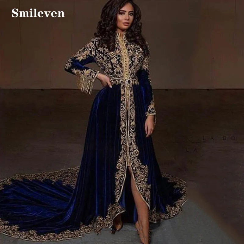 

Smileven Caftan karakou algerien Formal Evening Dresses Long Sleeve High Low Velvet Gold Lace Peplum Occasion Evening Gown