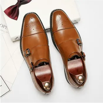 

High Quality Men Genuine Leather Shoes Formal Dress Double Monk Buckle Straps Wedding Brogues Zapatos Hombre A51-05