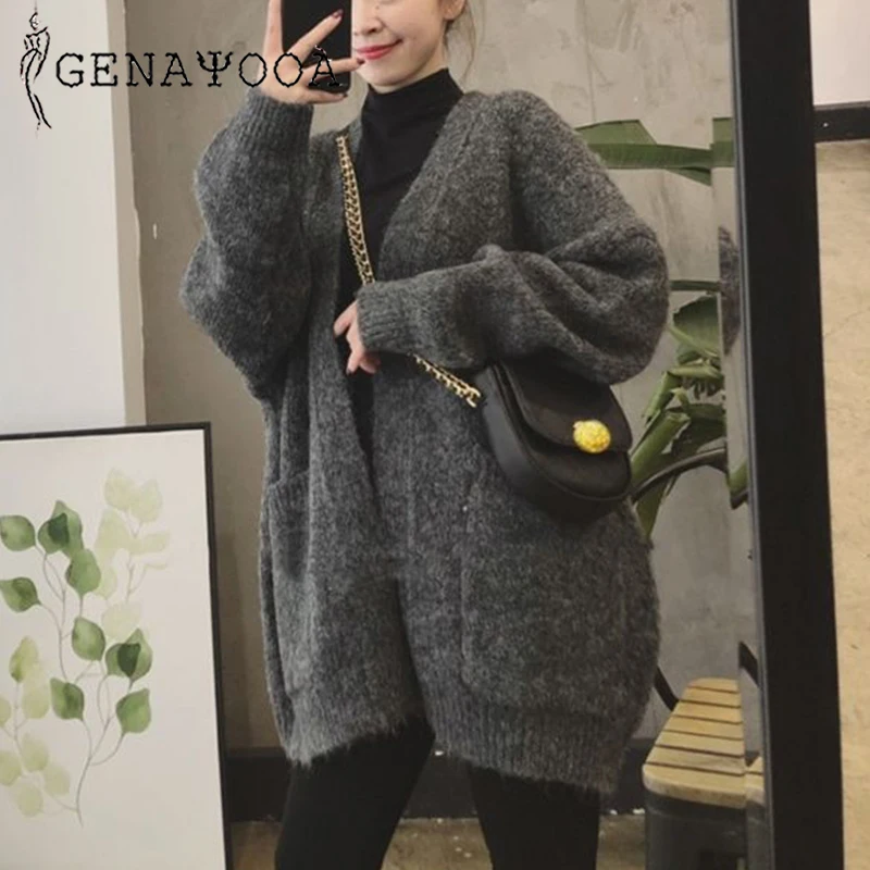 

Genayooa Vintage Women Sweater Candigan Long Sleeve Cashmere Sweater Candigan Coat With Pocket Casual Knittwear Jumers Winter