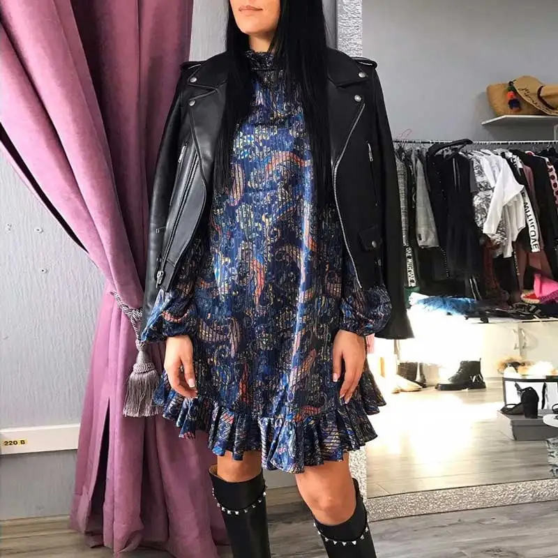 Богемный Вдохновленный Пейсли печати BABYDOLL платье с длинным рукавом гофрированное платье женщин весна лето платье новое шикарное Мини платье для вечеринки