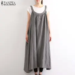 ZANZEA 2019 винтажное платье на подтяжках женское летнее осеннее платье повседневное мешковатое сарафаны Vestidos женское платье большого размера