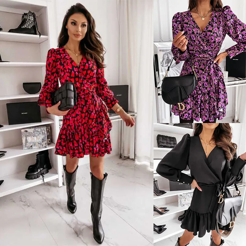 

Fashion Floral Chain Print Women Mini Dress Spring V Neck Bandage Ruffle Shirt Dress Autumn Button Long Sleeve Wrap Party Dress