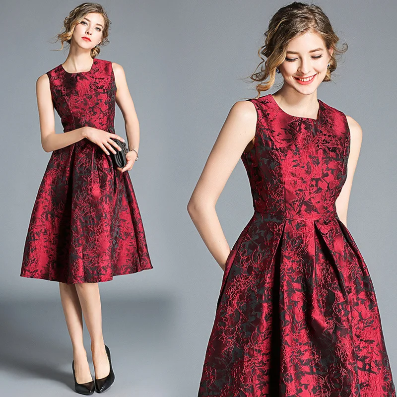 

Photo Shoot 2018 New Style Autumn And Winter Elegant Slim Fit Waist Hugging Floral Sleeveless Vest Jacquard Ozhouzhan Dress