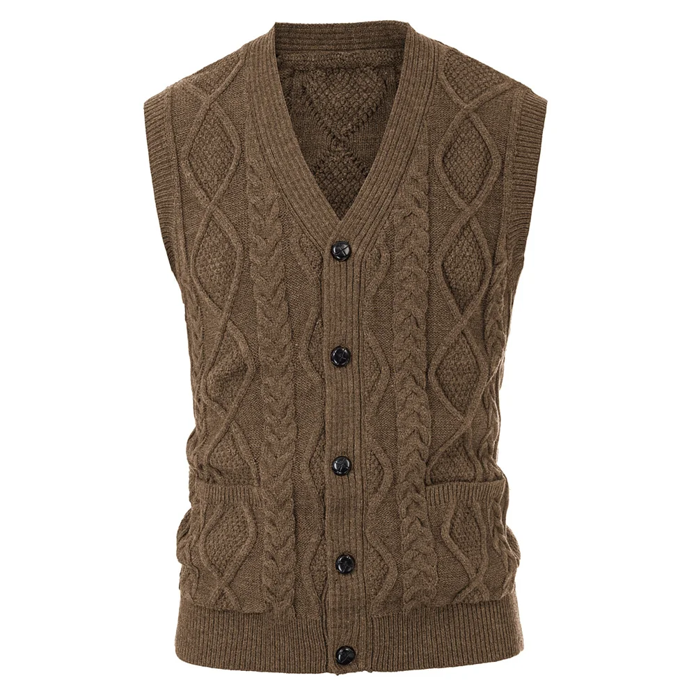 

fall winter Men Knitted Vest coat Cardigan Sleeveless Sweater clothes male Stylish V-Neck Button Placket slim solid color jumper