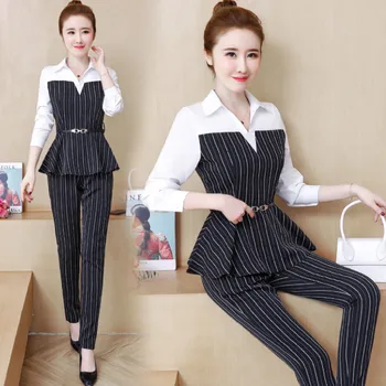 

Women Formal Striped Two Piece Set Suit Plus Size Spring Autumn Fashion Patchwork Tunic Fake Two Piece Tops And Pants Sets