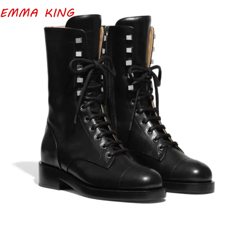 

Leather Front Lace-Up Fashion Martin Ankle Boots New Winter Round Toe Low Heels Short Booties Solid Side Zip Female Shoes