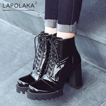 

Lapolaka 2020 New Design Big Size 42 Patent Leather Chunky High Heels Ankle Boots Woman Shoes Zip Up Platform Shoes Lady Boots