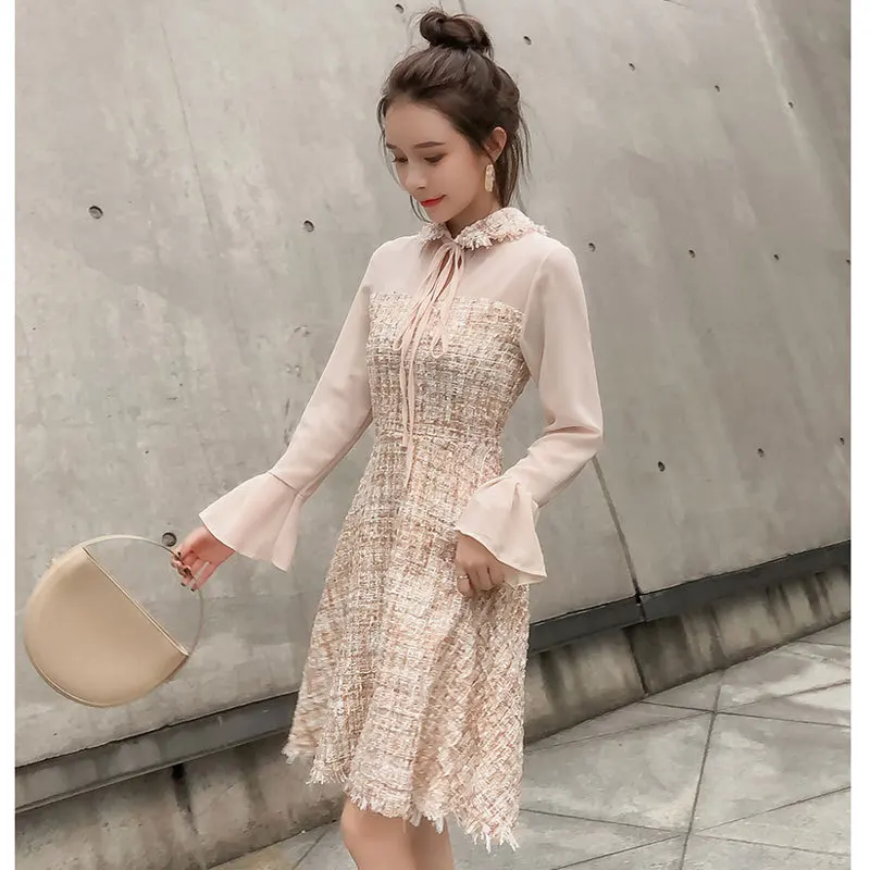 

Shan Debutante Sophisticated Style Chiffon Joint Tweed Graceful Dress Women's High-waisted Slimming Bell Sleeve Skirt