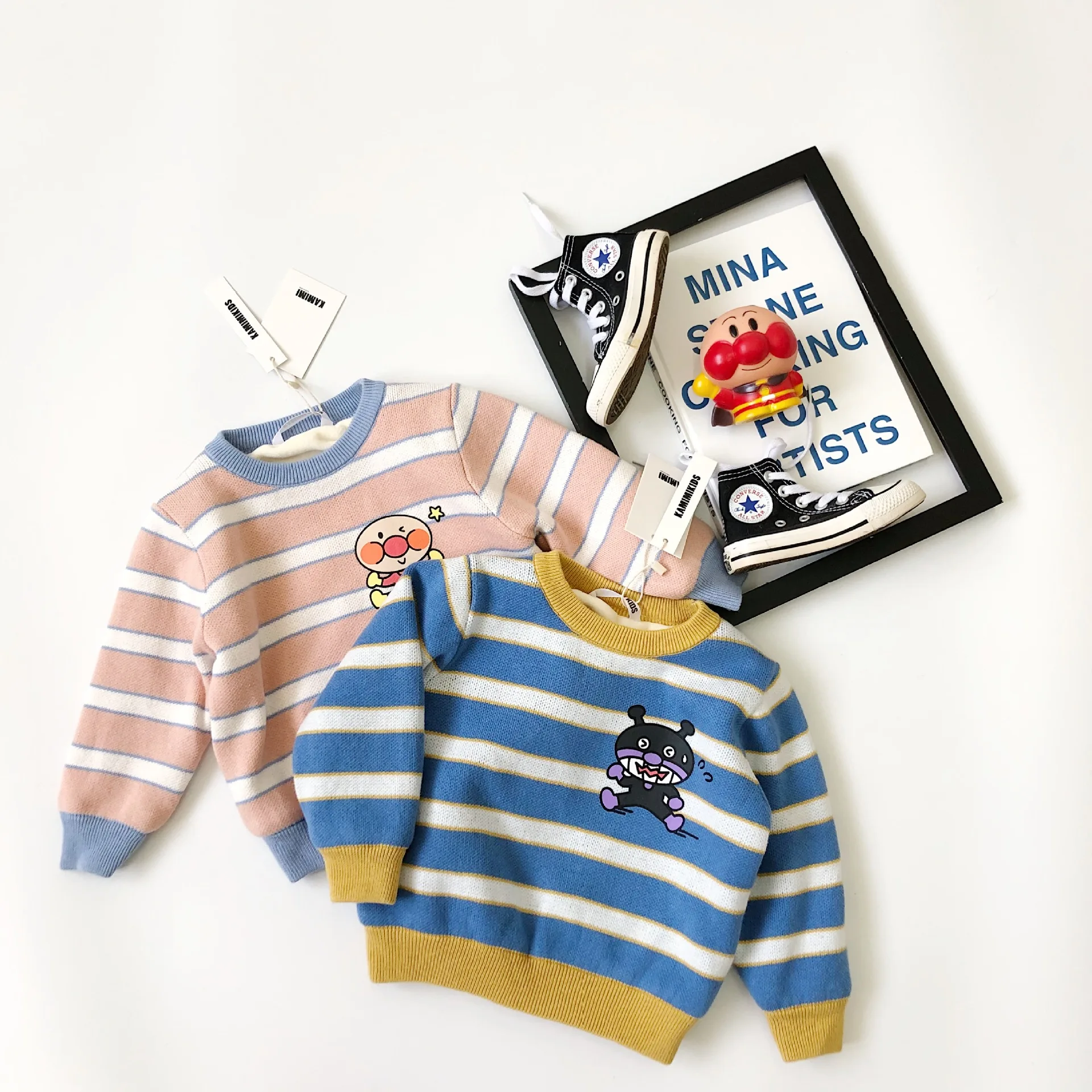 Tonytaobaby/Новинка; зимняя детская одежда для мальчиков и девочек; цветной пуловер в контрастную полоску с рисунком из мультфильма; свитер