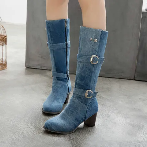 

Vogue Boots Women Long Tube Short Boot Winter High Heel Denim Boot Nice Lady Stylish Jean Boots Buckle Strap Shoes