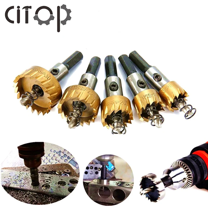 Citop 5Pcs/set Carbide Tip HSS Drill Bit Saw Set Metal Wood Drilling Hole Cut Tool for Bench Drills Pistol Drill Lathe Machinery