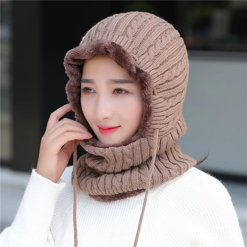 New Unisex Winter Knitted Hat Neck Protection Beanie Cap Add Fur Lined Warm Hats For Men Women Balaclava Cap Windproof warm hat