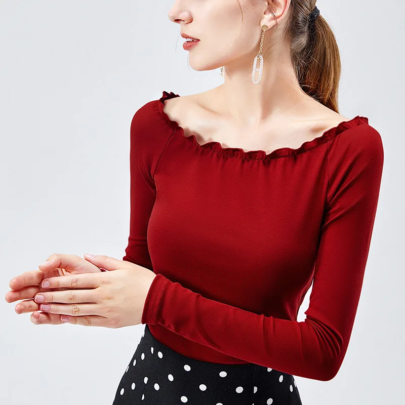 Foamlina сексуальная Slash шеи Ruched Trim с длинными рукавами осенний Топ сплошной цвет хлопок футболка Тонкий стрейчевое большого размера дамы Базовый Топ