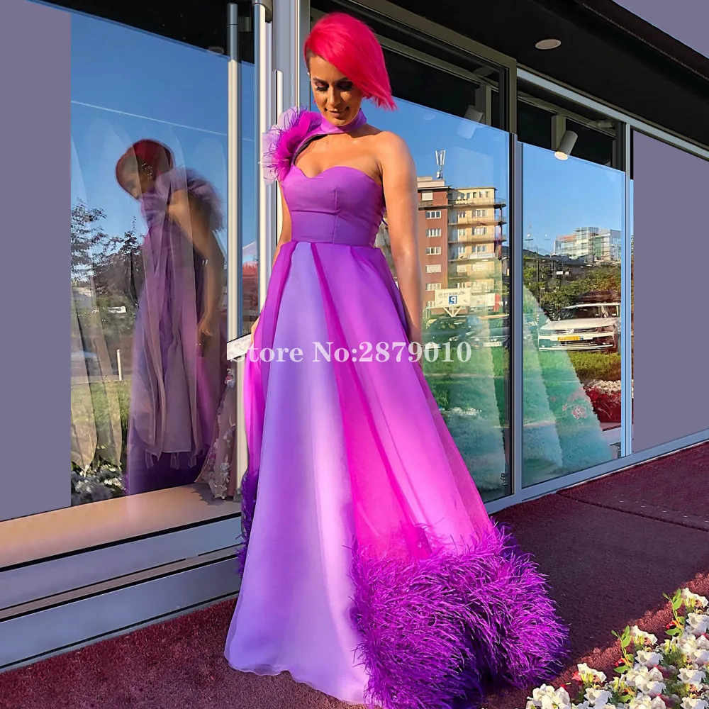 

Elegant Purple A-Line Evening Dress Floor-Length Feathers Prom Dress Robe De Soiree Aibye Vestido de festa Middle East Dubai